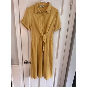 Grace Karin Linen Blend‎ Sz M Yellow Flowy Midi Dress Stretchy Casual Pockets